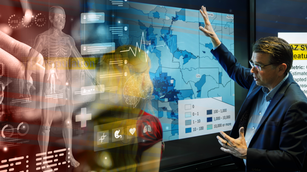 Dave Engelthaler, executive director of the ASU Health Observatory, is pictured in front of a screen with a map on it while an image of a human form is to the left in the photo illustration. . 
