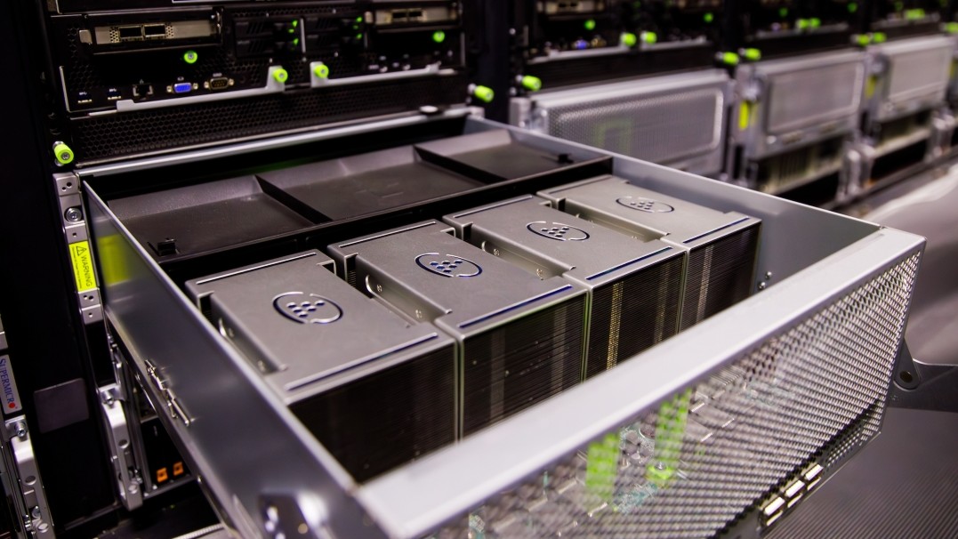 Pictured are some of the Intel AI accelerator chips housed in a data center.