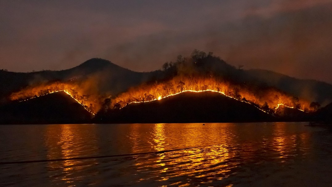 A fire is burning in vegetation with a lake in the foreground 