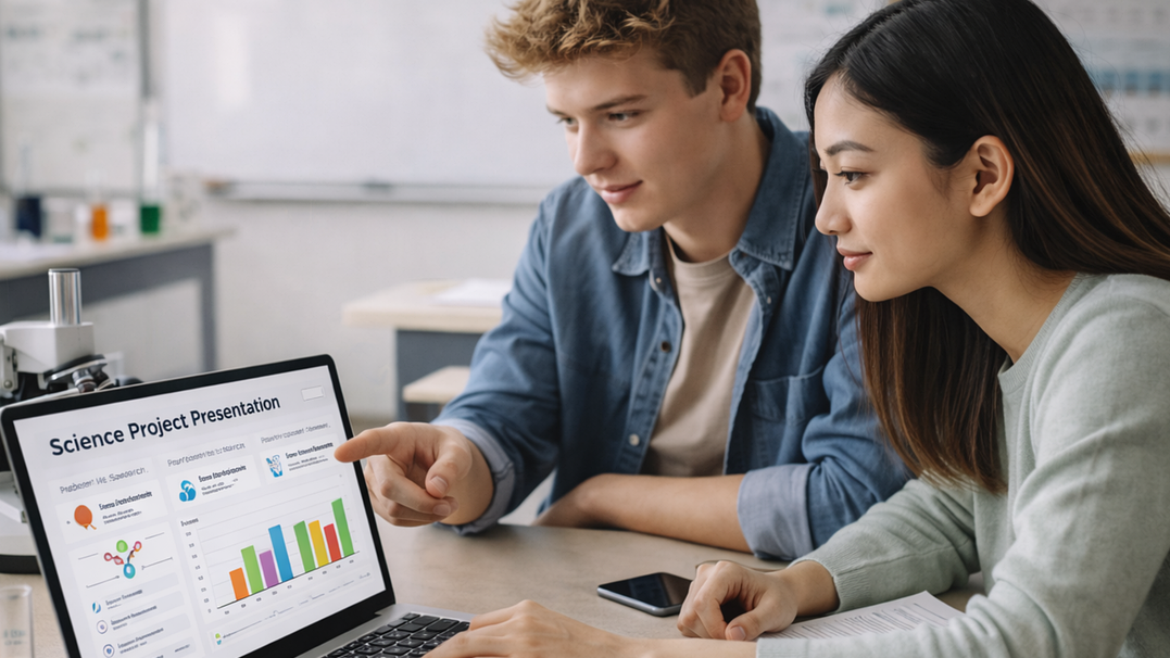 Male and female students looking at a computer that has a project called Science Project Presentation on their screen  