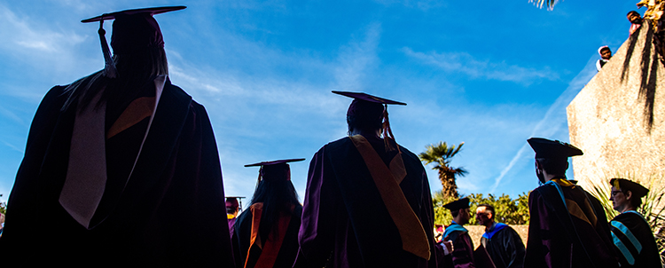 Image of college graduates with gowns and caps on in silhouette