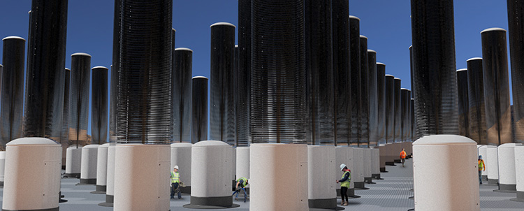 Image of huge columns that are part of ASU's mechanical tree farm